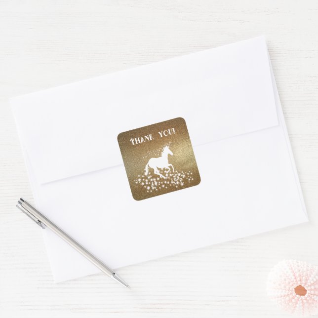 Glitzer Unicorn und Stars Vielen Dank | Gold Quadratischer Aufkleber (Umschlag)