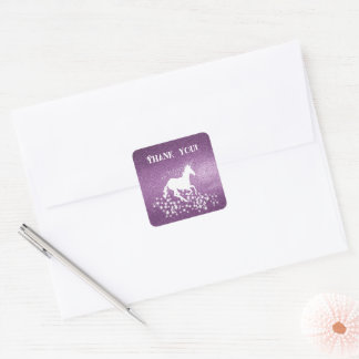 Glitzer Unicorn und Stars Vielen Dank | Magenta Quadratischer Aufkleber