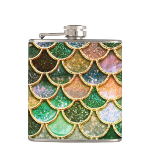 Glitzer von grünen Metallfolien, Goldverkleidungen Flachmann