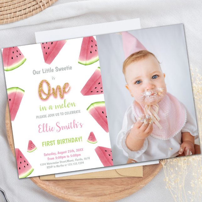 Glitzer Watermelon Geburtstag Einladung mit Foto (Glitter Watermelon Birthday Invitations w photo)