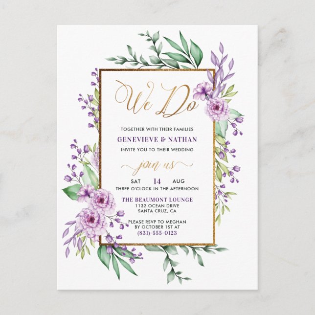 Glitzer "We Do" Pastel Lila Blumenhochzeit Einladungspostkarte (Vorderseite)