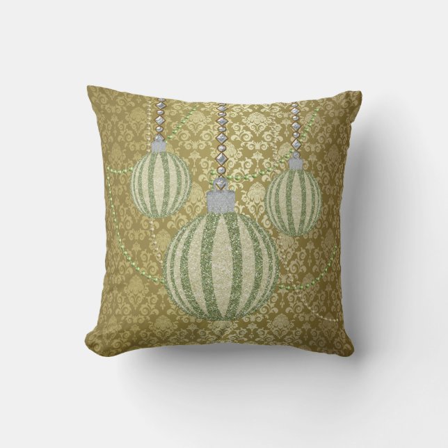 Glitzer Weihnachtsballes Ornamente Gold Damask Kissen (Vorderseite)