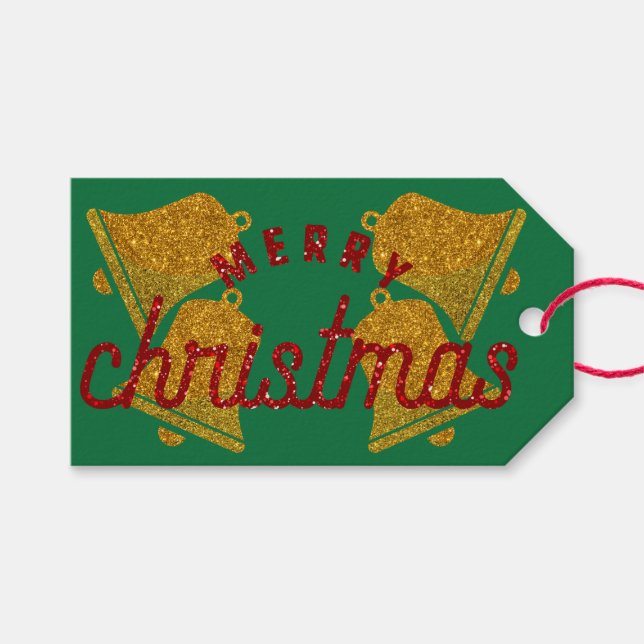 Glitzer Weihnachtsglocken Geschenkanhänger (Vorderseite (Horizontal))