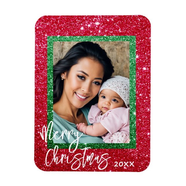 Glitzer Weihnachtskarte - Personalisiertes Foto Magnet (Vertikal)