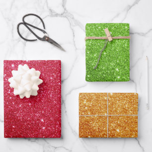 Glitzer Weihnachtswrapping Paper - Red Green Gold Geschenkpapier Set