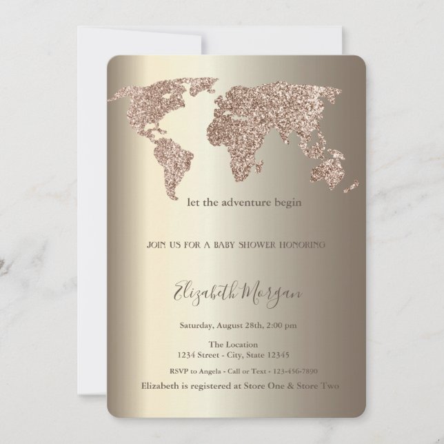 Glitzer World Map Confetti Gold Baby Showroom Einladung (Vorderseite)