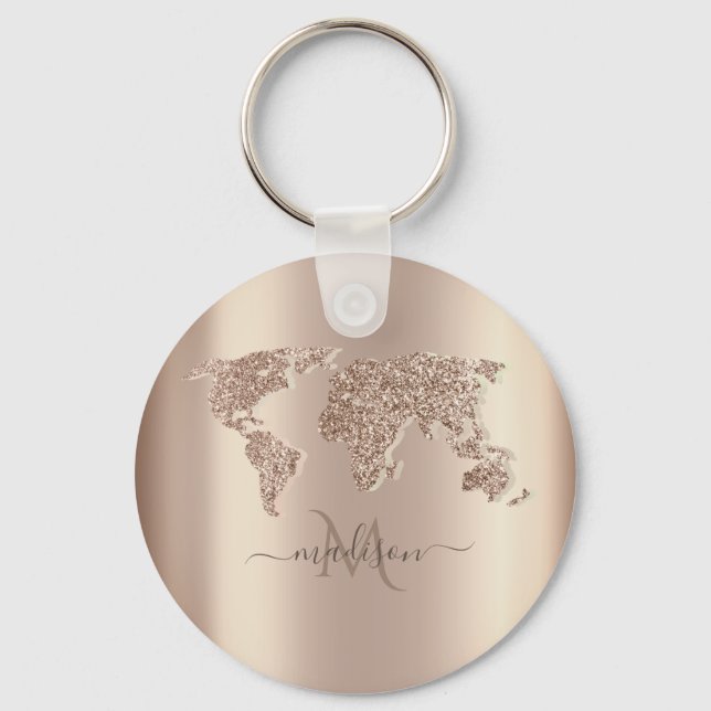 Glitzer World Map Travel Monogram Schlüsselanhänger (Vorderseite)