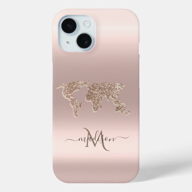 Glitzer World Map Travel Rose Gold Monogramm Case-Mate iPhone Hülle (Rückseite)