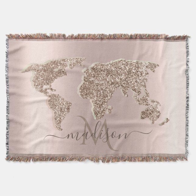 Glitzer World Map Travel Rose Gold Monogramm Decke (Vorderseite)