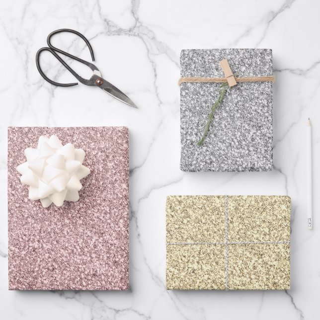 Glitzer-Wrapping-Papier Flachblech Set von 3 Geschenkpapier Set (Vorderseite)