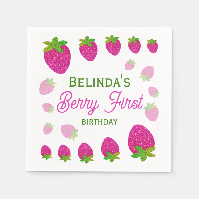 Glitzer Y2K Strawberry Berry Erster Geburtstag Serviette (Vorderseite)