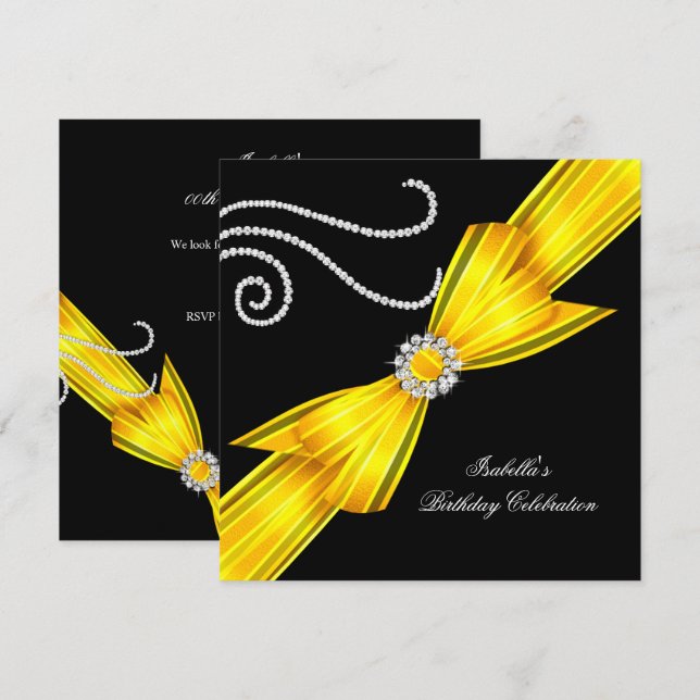 Glitzer Yellow Diamond Bow Black Birthday Party Einladung (Vorne/Hinten)