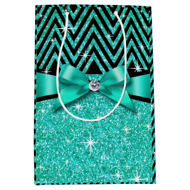 Glitzer Zickzack Bling Diamant-Bogen | aquamarin Mittlere Geschenktüte (Vorderseite)