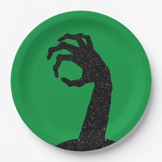 Glitzer Zombie Hand Halloween Pappteller (Vorderseite)