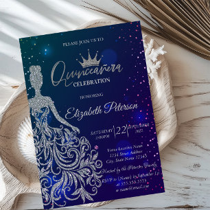 Glitzerkleid, Diadem, Blaue Sterne  Quinceañera Einladung