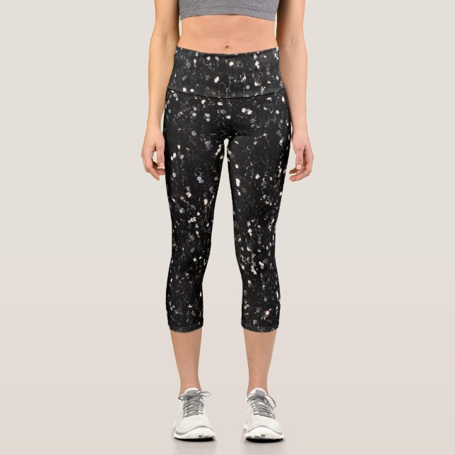 Glitzern aus schwarz-weiß glänzenden Glitzer Capri Leggings (Vorderseite)