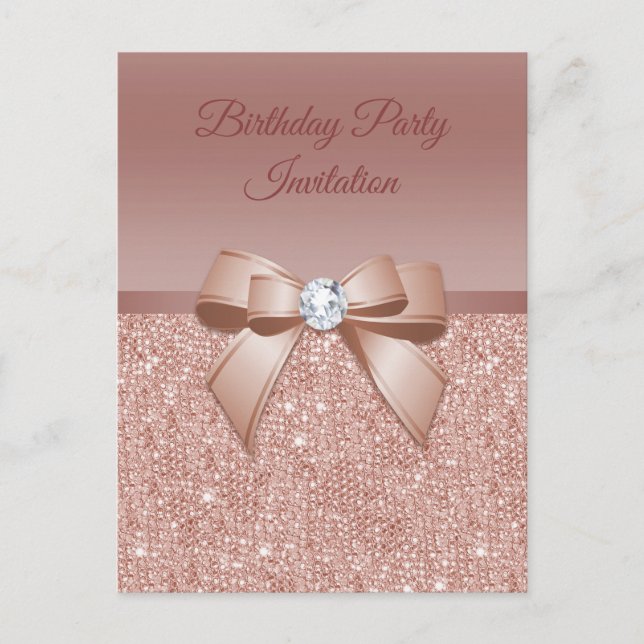 Glitzern & Glamour, Rose Gold Geburtstagsparty Einladungspostkarte (Vorderseite)