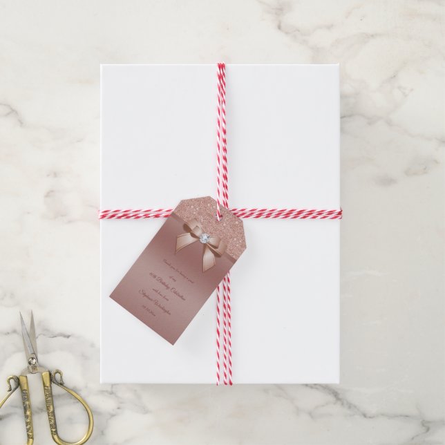Glitzern & Glamour, Rose Gold Geburtstagsparty Geschenkanhänger (Mit Garn)