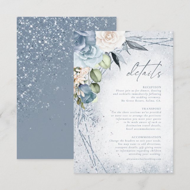 Glitzern Hochzeit Details Dusty Blue ID889 Begleitkarte (Vorne/Hinten)