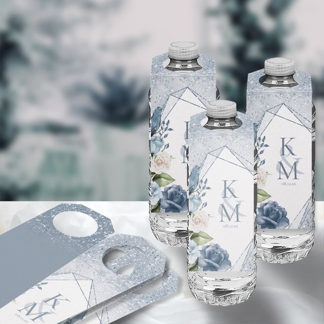 Glitzern Hochzeit Dusty Blue ID889 Flaschenanhänger (Front/Back In Situ)