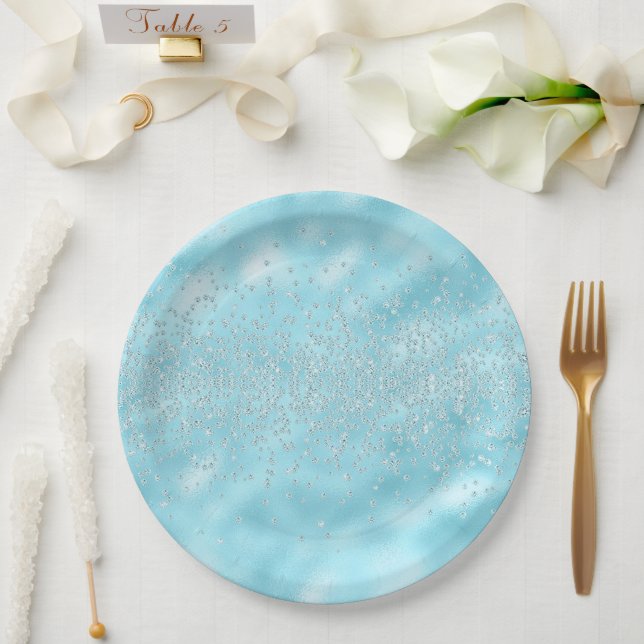 Glitzern Jewels Bling Crystals Chic Pastel Blue Pappteller (Hochzeit)
