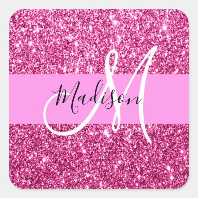 Glitzern Monogram für Girl und Glam Hot Pink Glitz Quadratischer Aufkleber (Vorderseite)