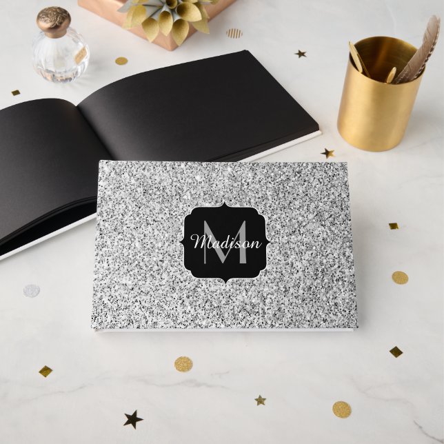 Glitzern Monogram für silbergraue helle Glitzer Gästebuch (Vorderseite Offen)