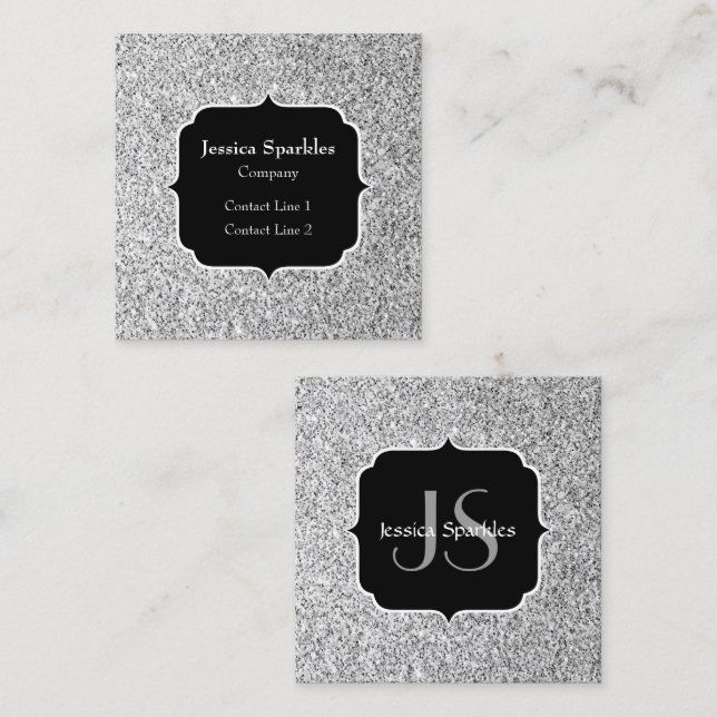 Glitzern Monogram für silbergraue helle Glitzer Quadratische Visitenkarte (Vorne/Hinten)