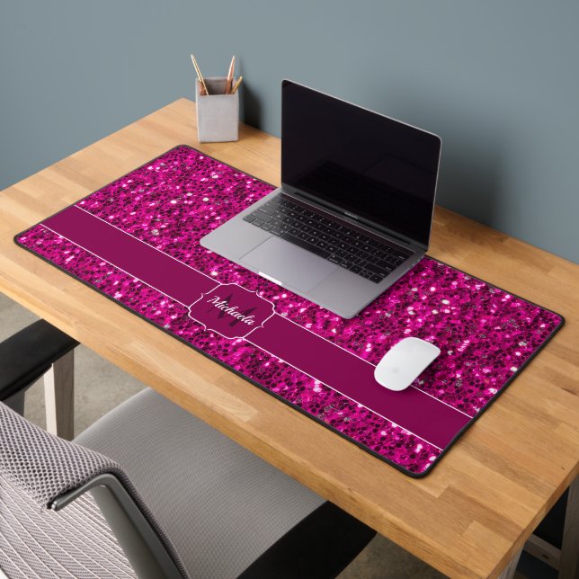 Glitzern Monogram, glänzend pinkfarbener Glitzer Schreibtischunterlage (Büro 2)