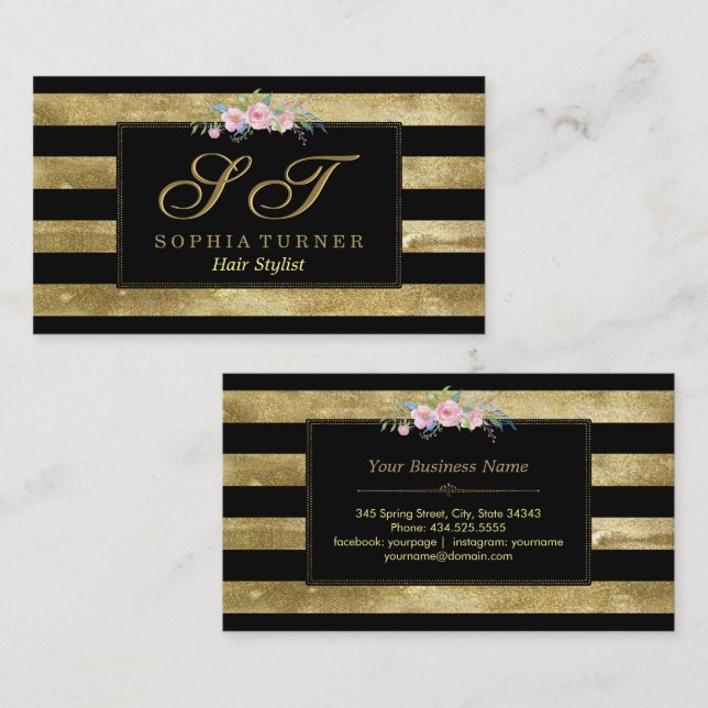 Glitzern Streifen Gold Glitzer Floral Monogramm Visitenkarte (Vorne/Hinten)