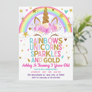 Glitzern und Gold Unicorn Rainbow zum Geburtstag Einladung