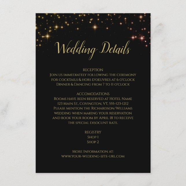 Glitzern und Sterne auf Schwarzen Hochzeiten Detai Begleitkarte (Vorderseite)
