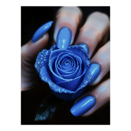 Glitzernde Blaue Rose mit Passenden Nägeln Poster
