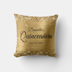 Glitzernde Gold Glam Quinceanera Foto Kissen