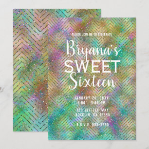 Glitzernde Gold-Regenbogen-Lichter Chevron Süße 16 Einladung