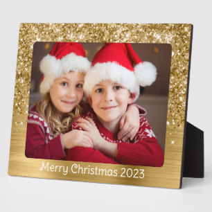 Glitzernde goldene Glamour-Weihnachtsfamilienfoto Fotoplatte