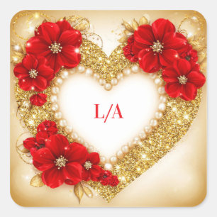 🌸 Glitzernde Herz Blumen Romantische Hochzeitsdek Quadratischer Aufkleber