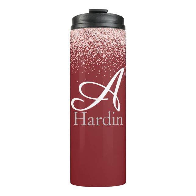 Glitzernde rote Monogramm-Initialen Name Thermosbecher (Vorderseite)