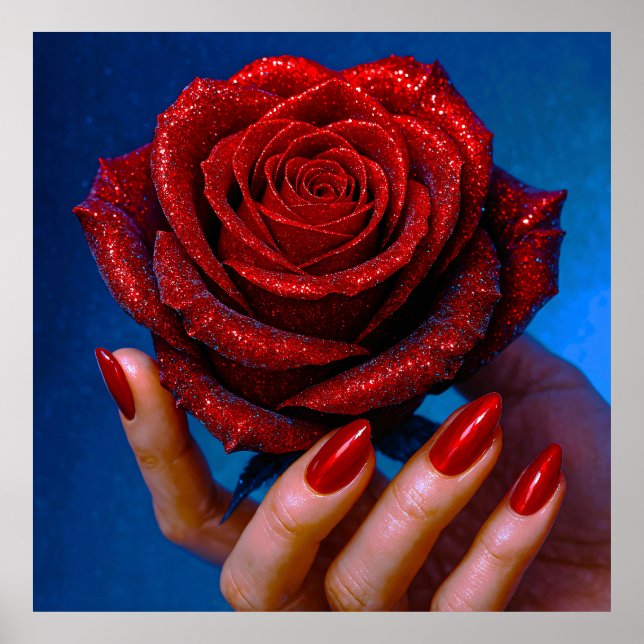 Glitzernde Rote Rose mit Passenden Nägeln Poster (Vorne)
