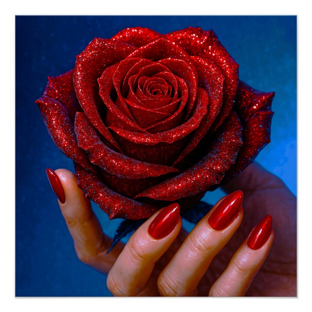 Glitzernde Rote Rose mit Passenden Nägeln Poster (Vorderseite)