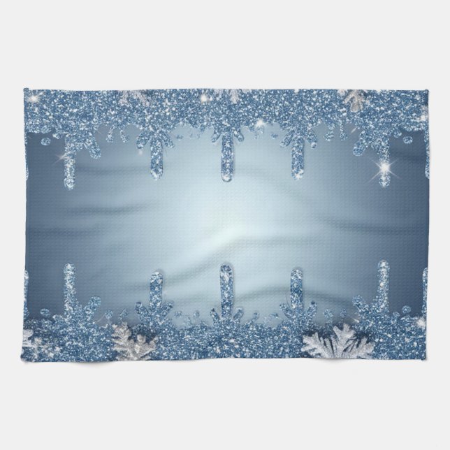 Glitzernder blauer Schneeflockenrahmen mit Eiszapf Geschirrtuch (Horizontal)