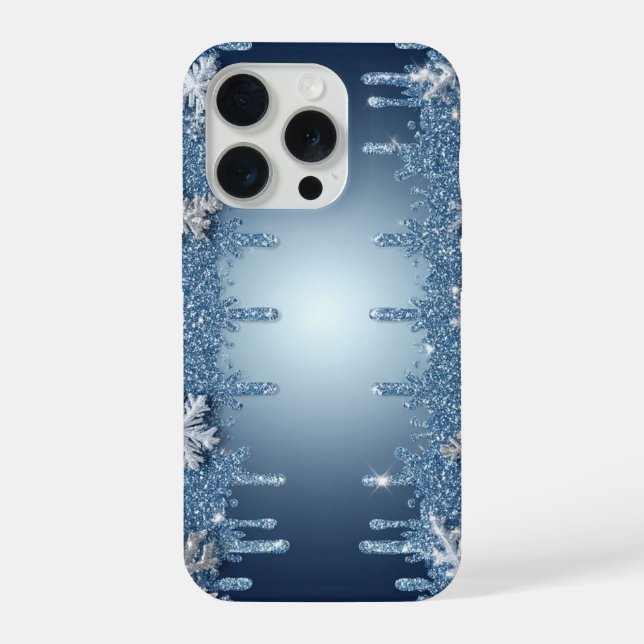 Glitzernder blauer Schneeflockenrahmen mit Eiszapf iPhone 15 Pro Hülle (Rückseite)