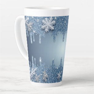Glitzernder blauer Schneeflockenrahmen mit Eiszapf Milchtasse