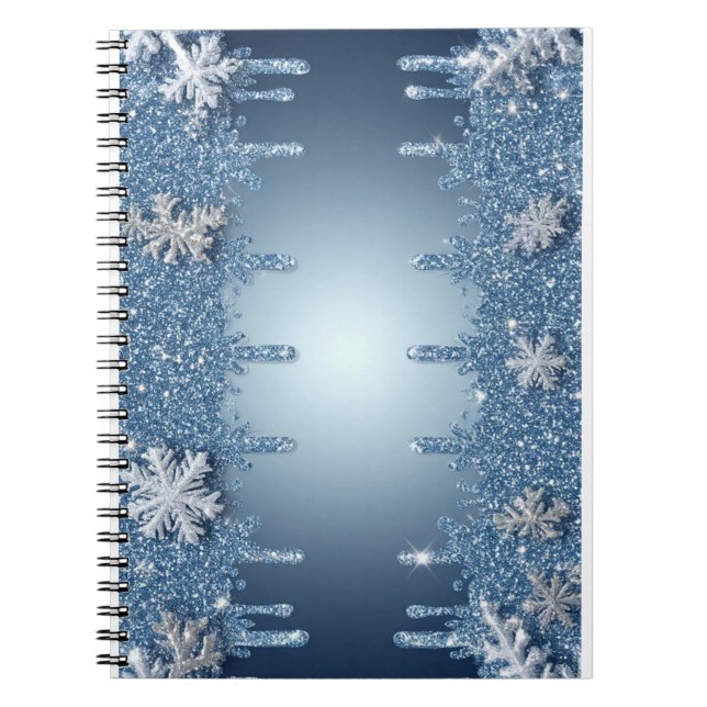 Glitzernder blauer Schneeflockenrahmen mit Eiszapf Notizblock (Vorderseite)