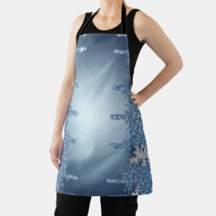 Glitzernder blauer Schneeflockenrahmen mit Eiszapf Schürze