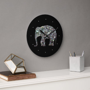 Glitzernder silberner Mosaik-Glitter-Elefant Große Wanduhr