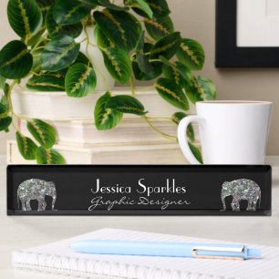 Glitzernder silberner Mosaik-Glitter-Elefant Namensplakette