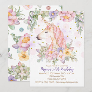 Glitzerndes Blumen-Einhorn Mädchen Moderne Geburts Einladung