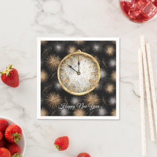 Glitzige Gold Silber Feuerwerk Neujahrsuhr Serviette