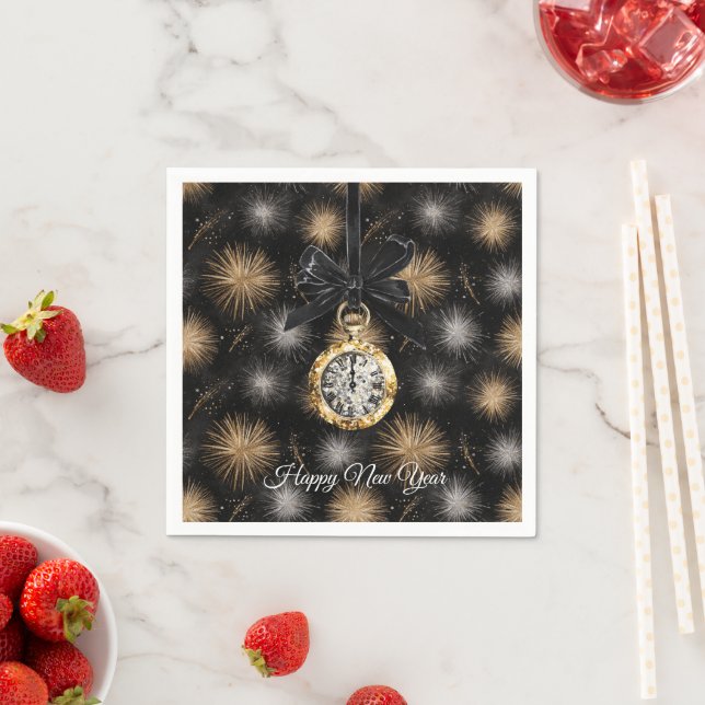 Glitziges Gold Silber Feuerwerk Neujahrs Mitternac Serviette (Beispiel)
